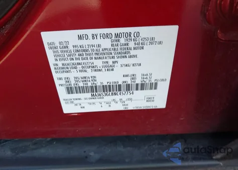 2022 Ford Ecosport Se z USA, uszkodzony, nr VIN MAJ6S3GL8NC457754